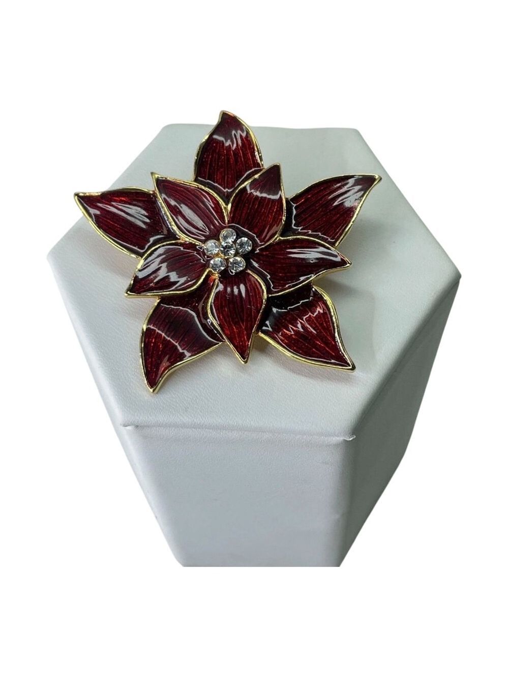 Eisenberg Ice Vintage Poinsettia Flower Rhinestone & Red Enamel Brooch 2220
